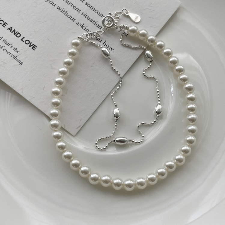 925 Sterling Silver Pearl Double Chain Bracelet 